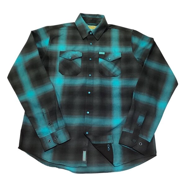 DIXXON Flannel Company Men Crusher Black/Green Long Sleeve Pearl Snaps Size LT - Picture 2 of 4